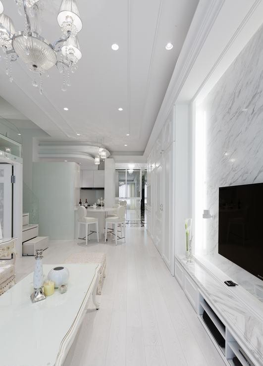 純白浪漫歐式風(fēng)格60平米小戶(hù)型客廳電視背景墻裝修效果圖