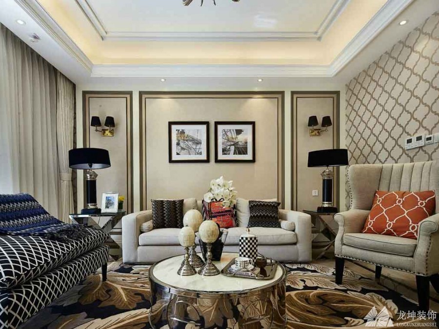 歐式樸實優雅130平米三居室客廳背景墻裝修效果圖