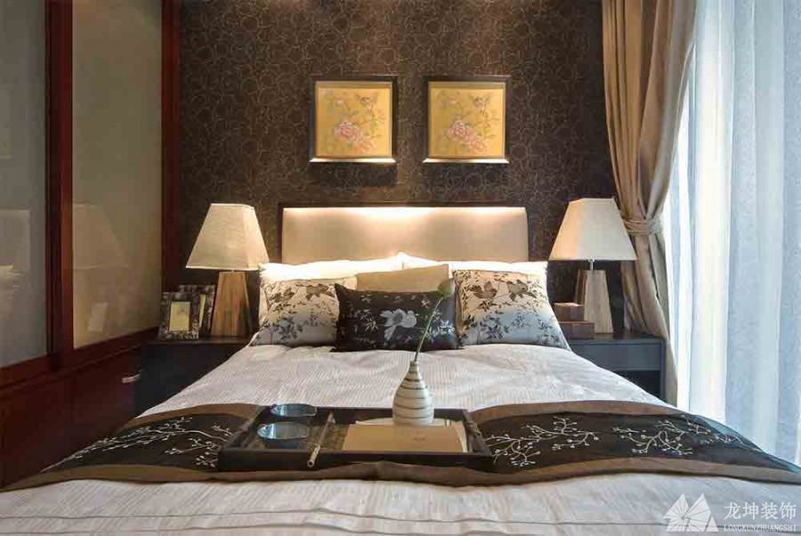 時尚現代中式風格90平米二居室臥室背景墻裝修效果圖