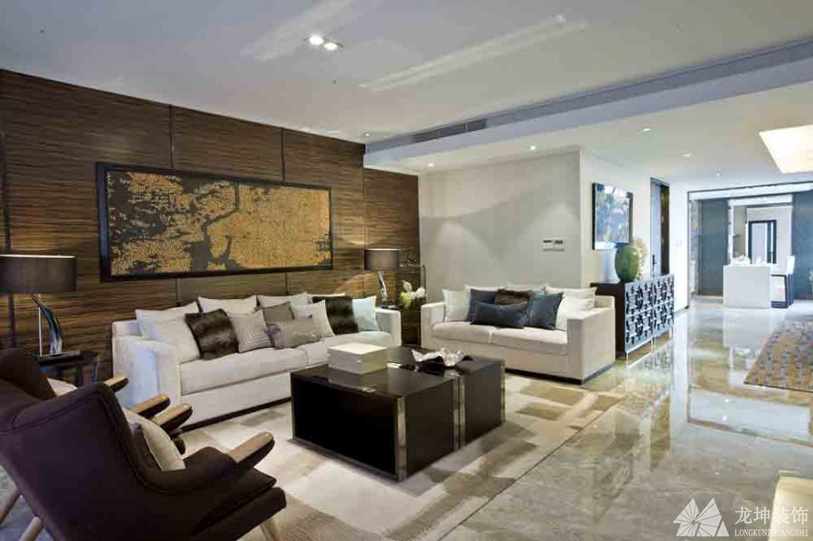 深淺結合中式風格120平米三居室客廳背景墻裝修效果圖