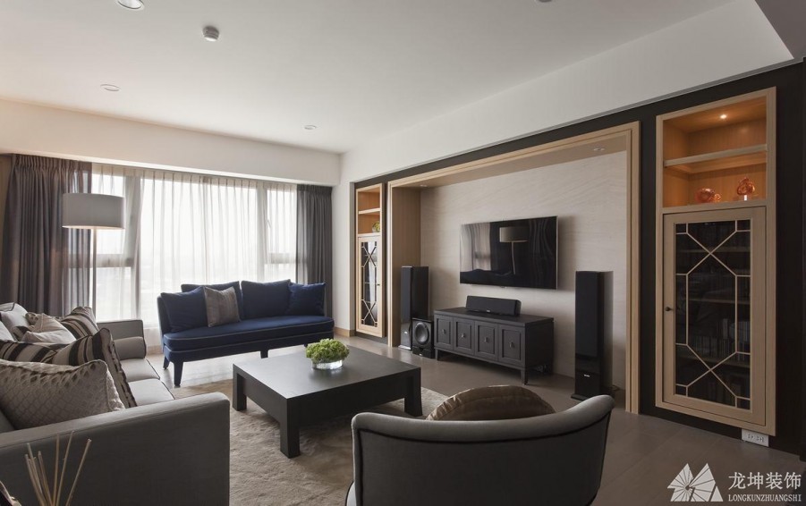 現代敞亮中式風格120平米三居室客廳電視背景墻裝修效果圖