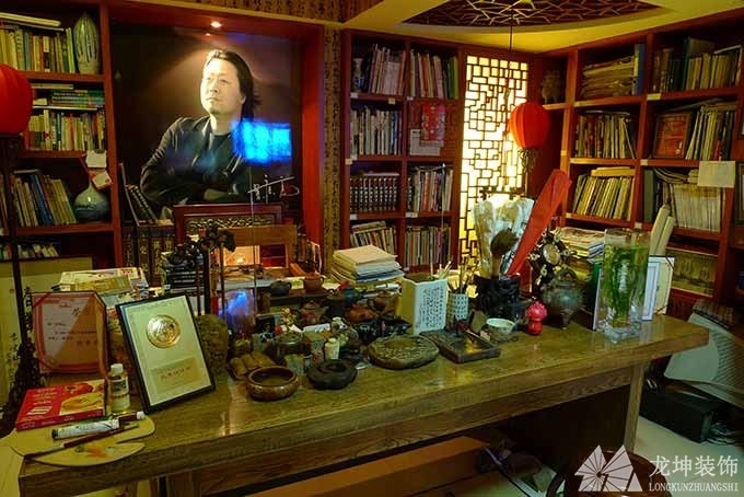 質(zhì)樸雅致中式風(fēng)格90平米復(fù)式書(shū)房背景墻裝修效果圖