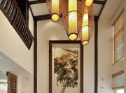 精致古典中式90平米復(fù)式客廳背景墻裝修效果圖