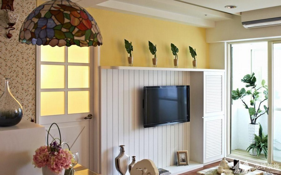 雅致鄉村田園風格70平米一居室客廳電視背景墻裝修效果圖
