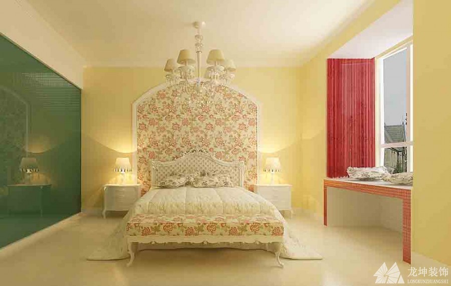 氣質簡歐田園風格110平米三居室臥室背景墻裝修效果圖