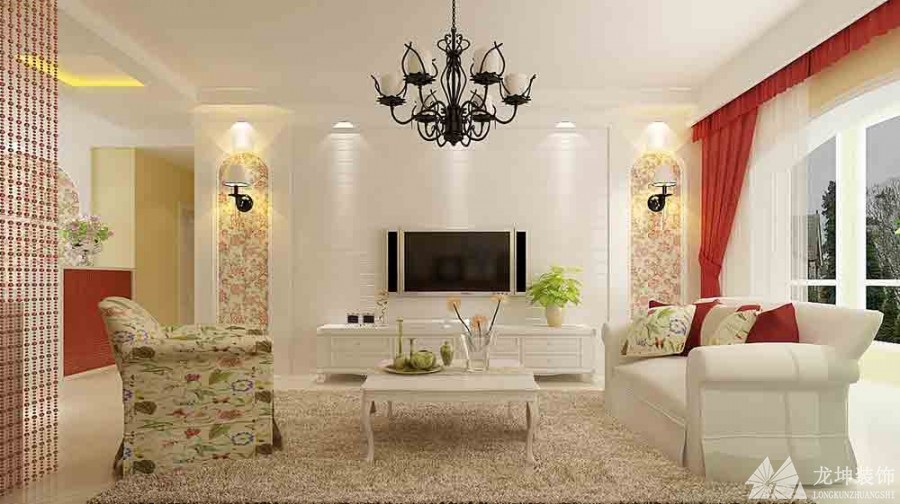 氣質簡歐田園風格110平米三居室客廳電視背景墻裝修效果圖