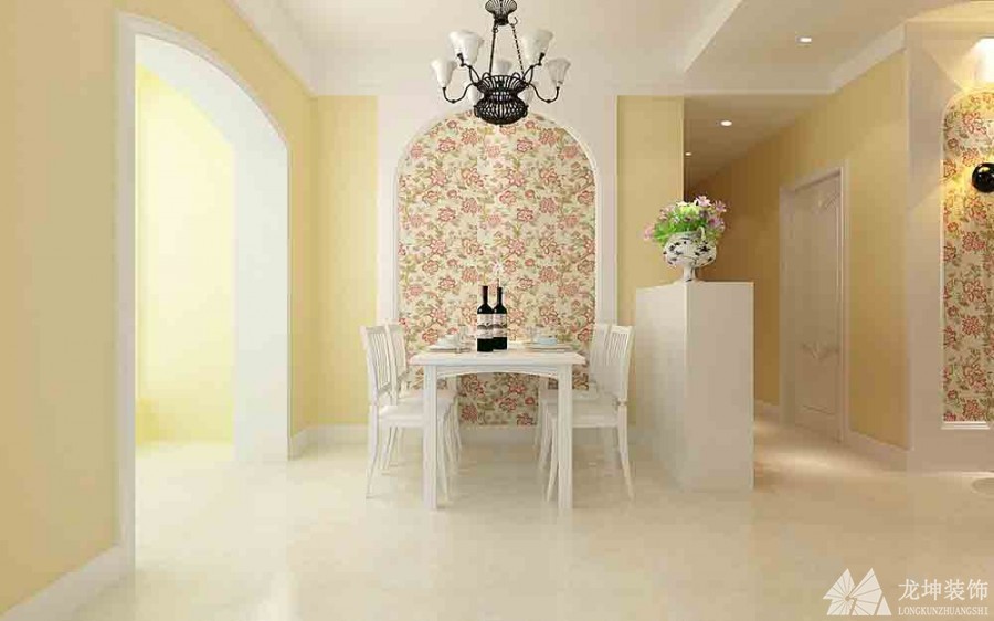 氣質簡歐田園風格110平米三居室餐廳背景墻裝修效果圖