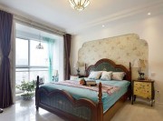 藍白復古地中海風格130平米三居室臥室背景墻裝修效果圖